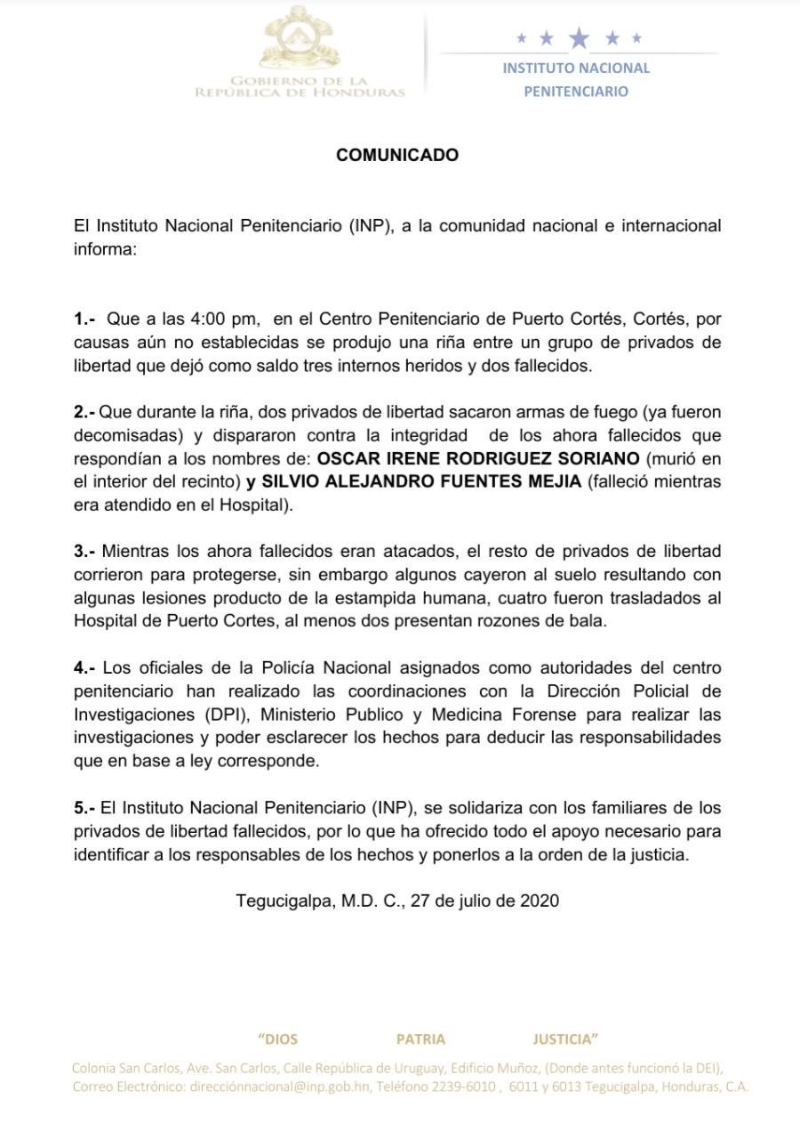 Dos privados de libertad muertos y varios heridos deja reyerta en centro penal de Puerto Cortés