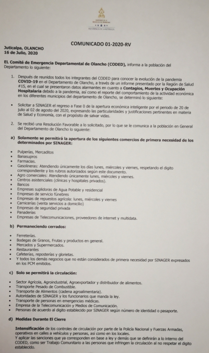 Confirman cierre total en Juticalpa, Olancho, por brote de contagios de coronavirus