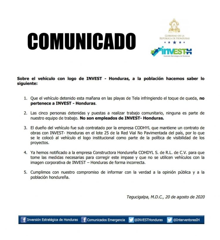 Invest-H afirma que vehículo con logo de la empresa y personas detenidas no pertenecen a la institución