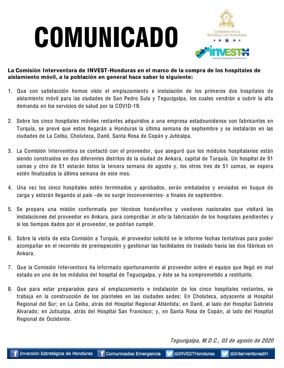 ¿Cuándo llegarán a Honduras los cinco hospitales móviles comprados por Invest-H?