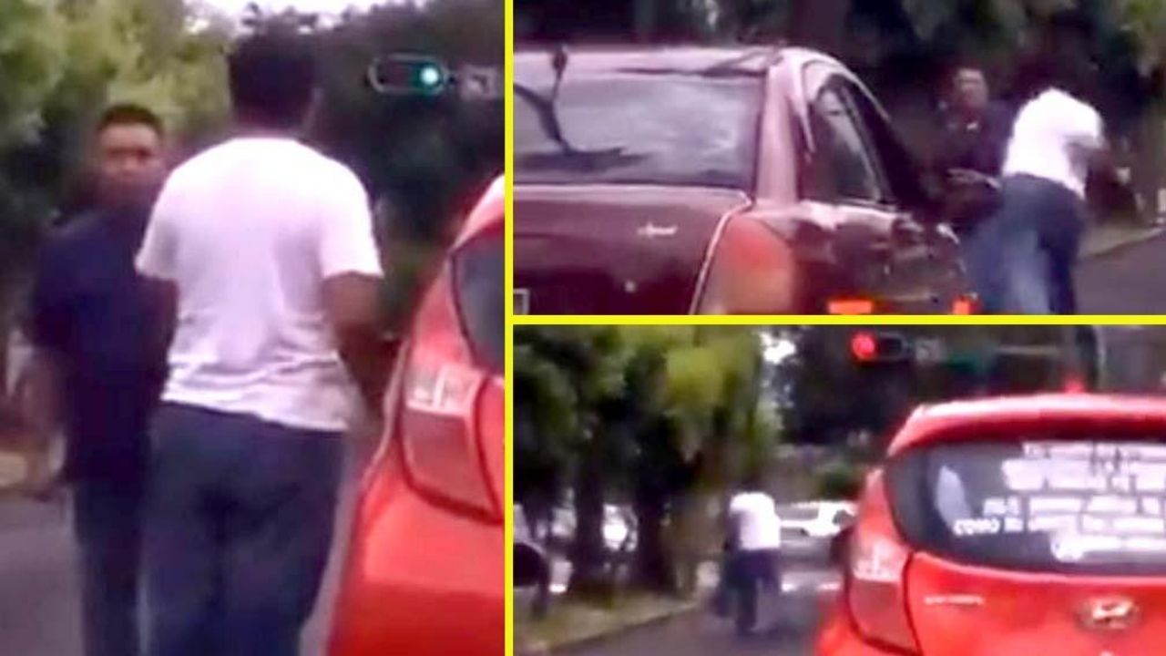 A puños y patadas salvadoreños paran el tráfico y 'solucionan' diferencias en plena vía pública, mira el vídeo