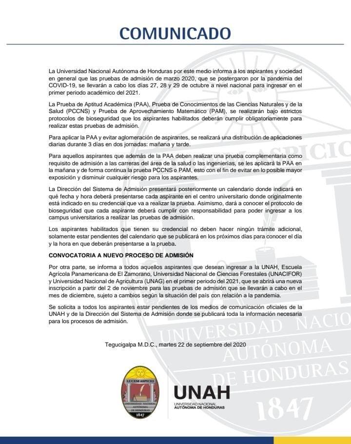 Comunicado UNAH