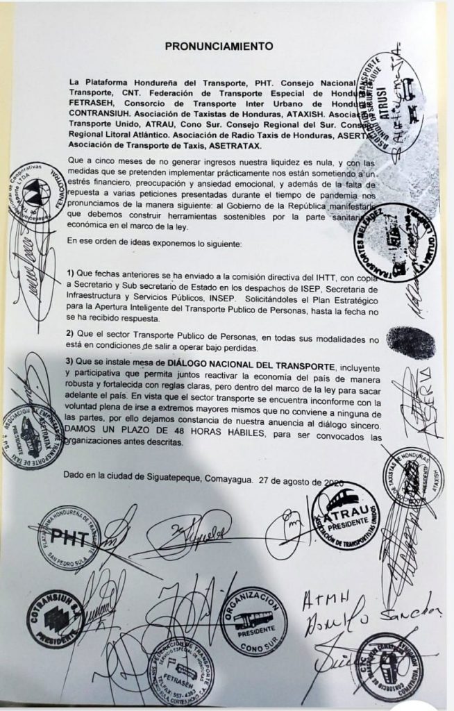 Comunicado del sector transporte.