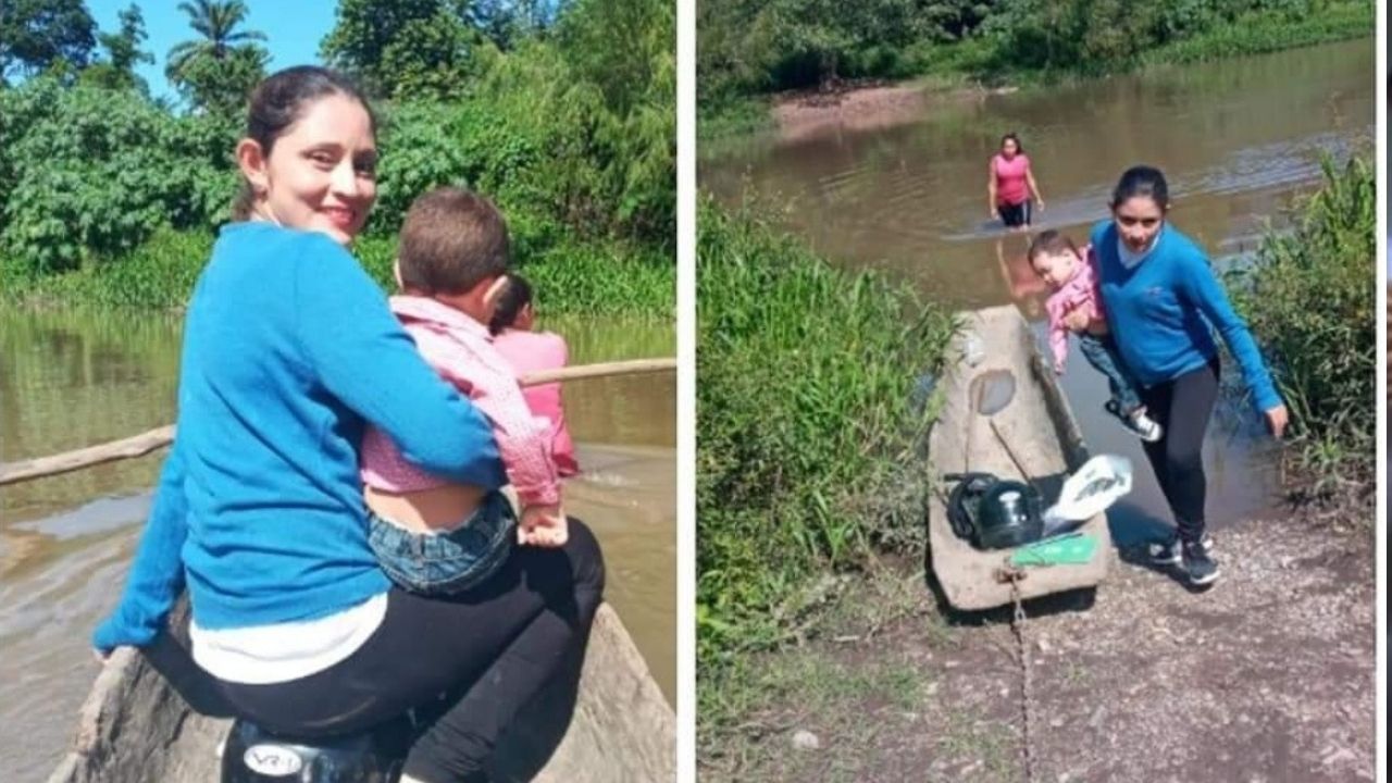 Maestra hondureña recorre hora y media en moto y canoa con su hijo en brazos para llegar a su  centro educativo