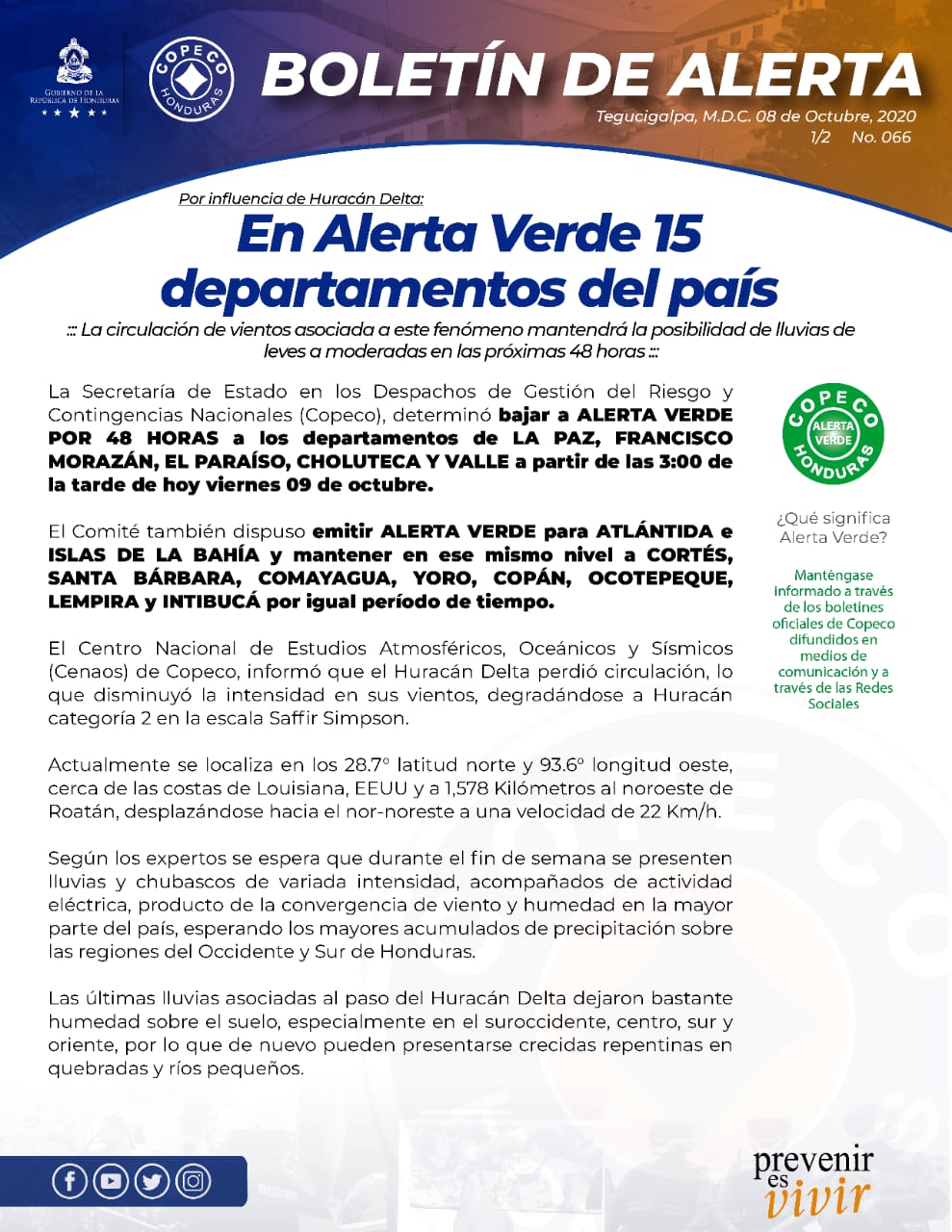 Alerta verde en 15 departamentos de Honduras durante 48 horas