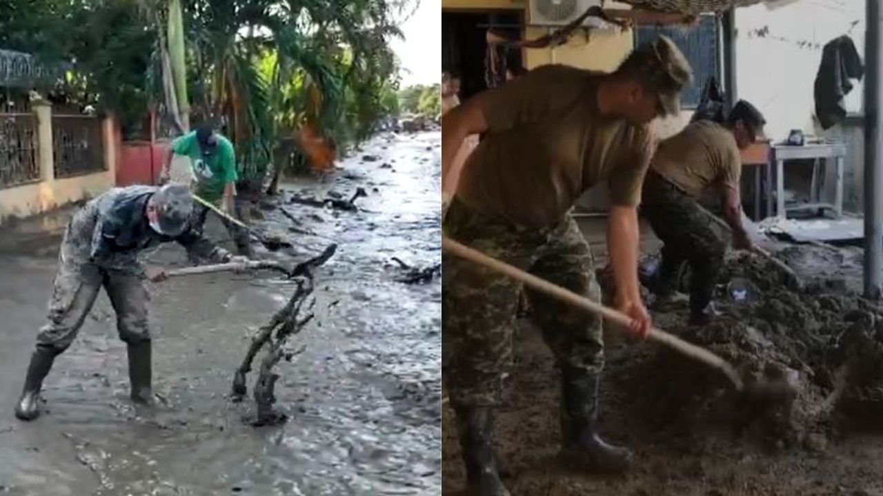 Captan a militares con palas y escobas en limpieza de  casas afectadas por Eta en La Lima