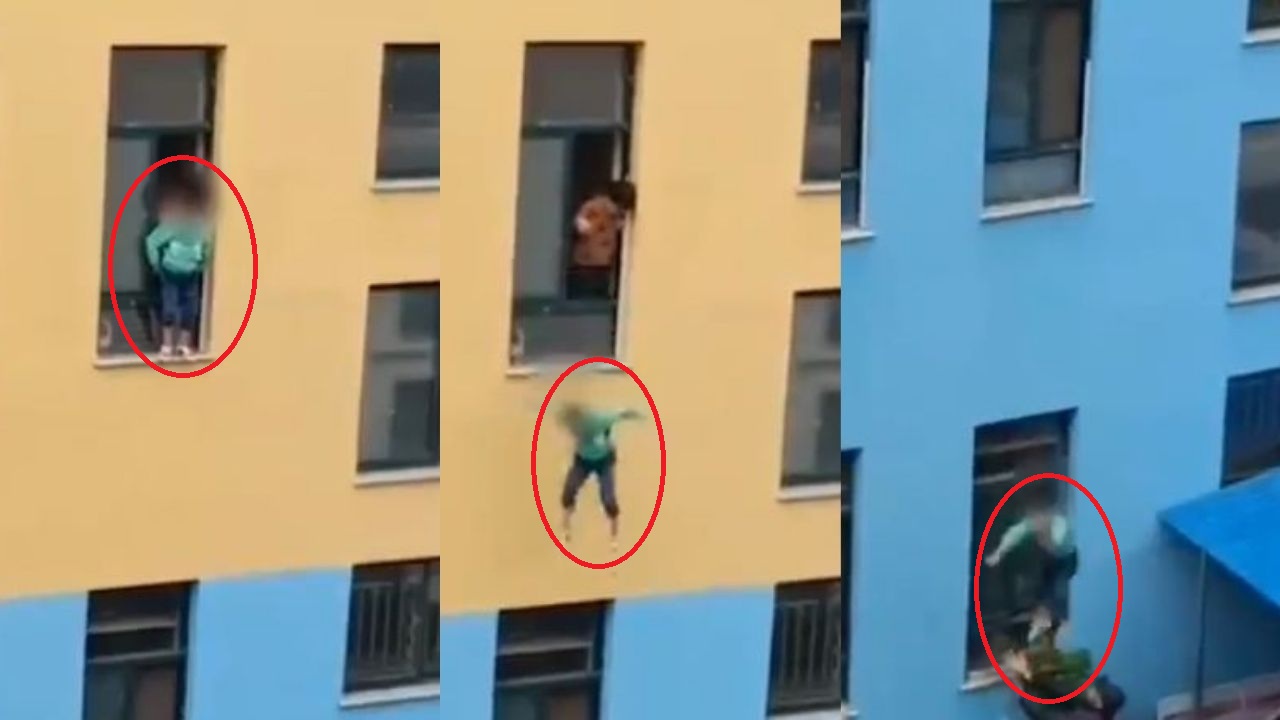 Guardia de seguridad atrapa en el aire a niño de 5 años que se lanzó desde un tercer piso en China y este es el video