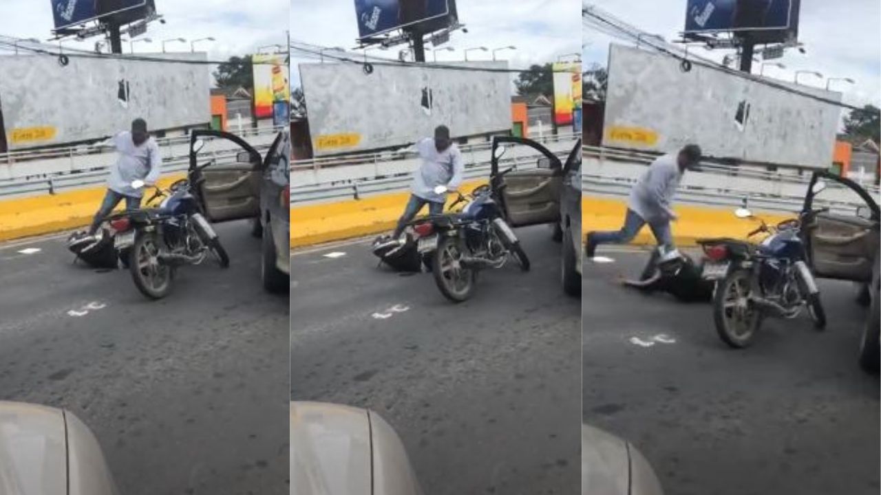 Honduras: Motociclista se le atraviesa en pleno bulevar a conductor y recibe tremenda paliza
