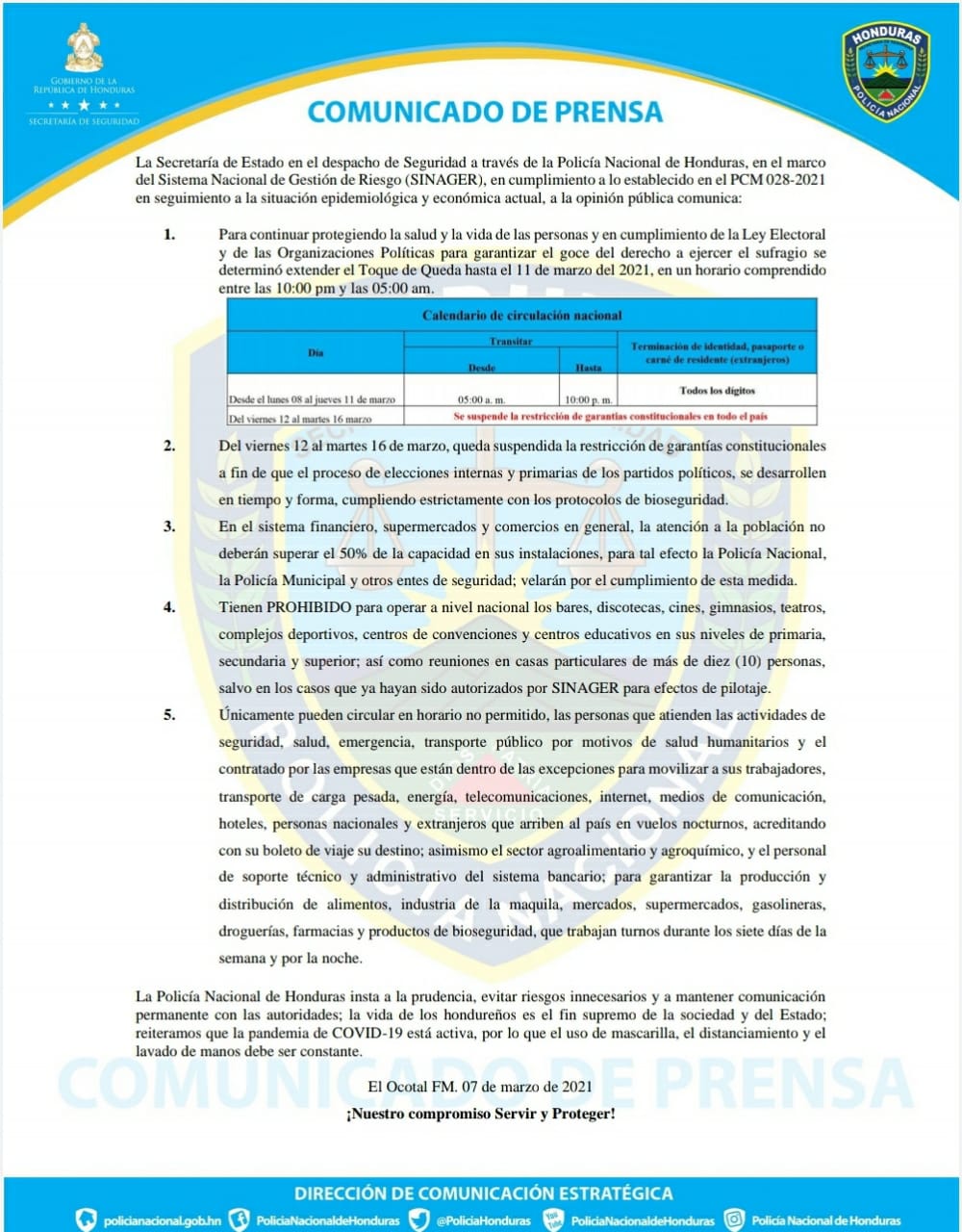 Nueva modificación: así queda el horario de circulación en Honduras del 8 al 11 de marzo de 2021