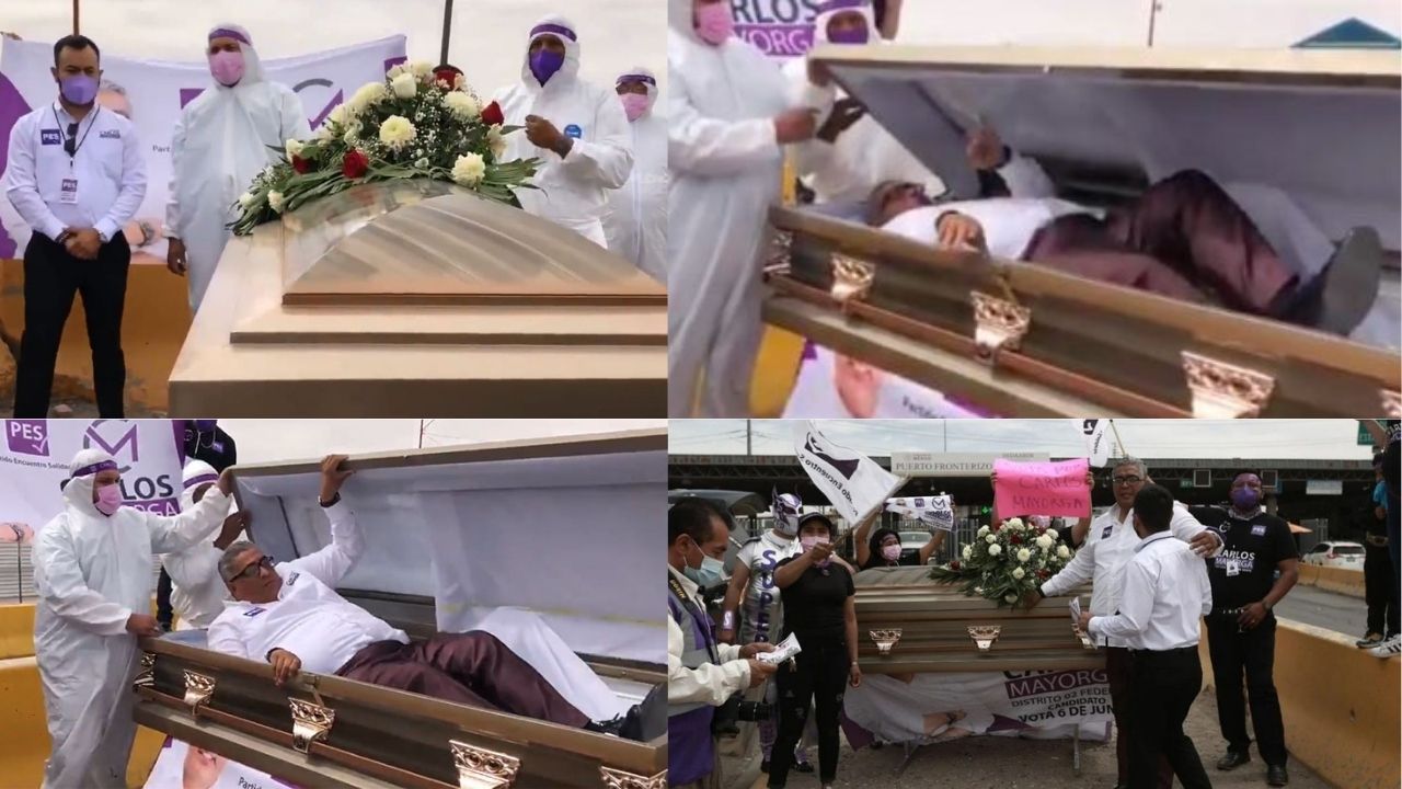 ¡Insólito! Candidato realiza campaña política en carroza fúnebre y dentro de un ataúd en México
