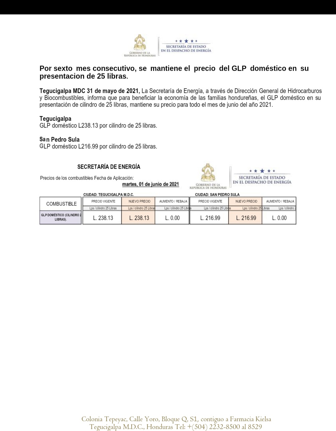 Cilindro de gas mantendrá su precio durante junio en Honduras; aquí su costo