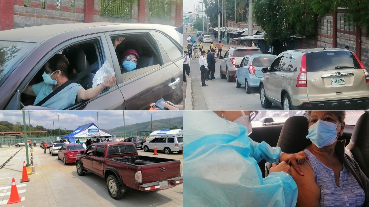Filas de vehículos y el rostro de los abuelitos inmunizados contra el covid; las fotos de la jornada de vacunación en Tegucigalpa