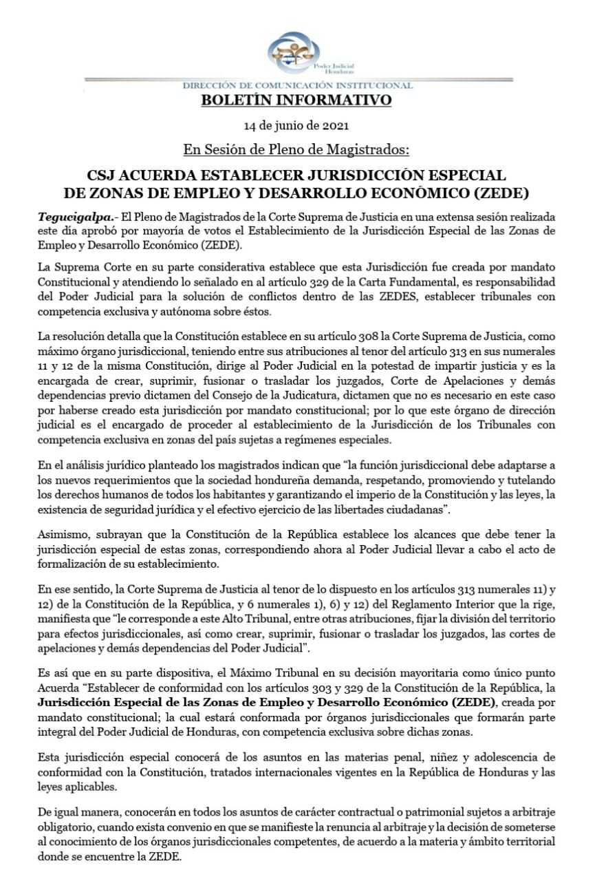 CSJ determina que ZEDE estarán regidas bajo una "jurisdicción especial" que formará parte del Poder Judicial