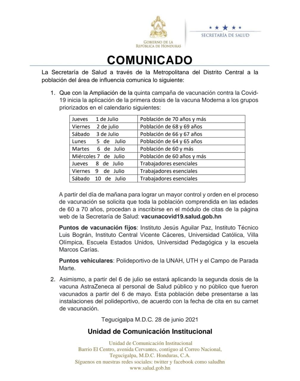 Conozca el calendario de vacunación contra el covid desde el 1 hasta el 10 de julio en la capital hondureña