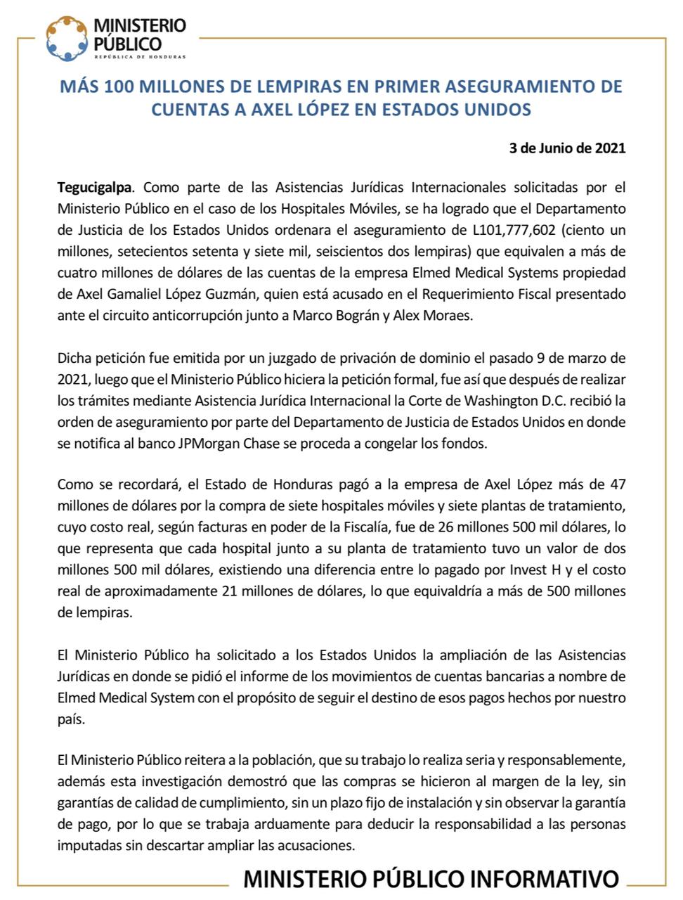 Aseguran más de 100 millones de lempiras a Axel López en Estados Unidos por caso hospitales móviles en Honduras