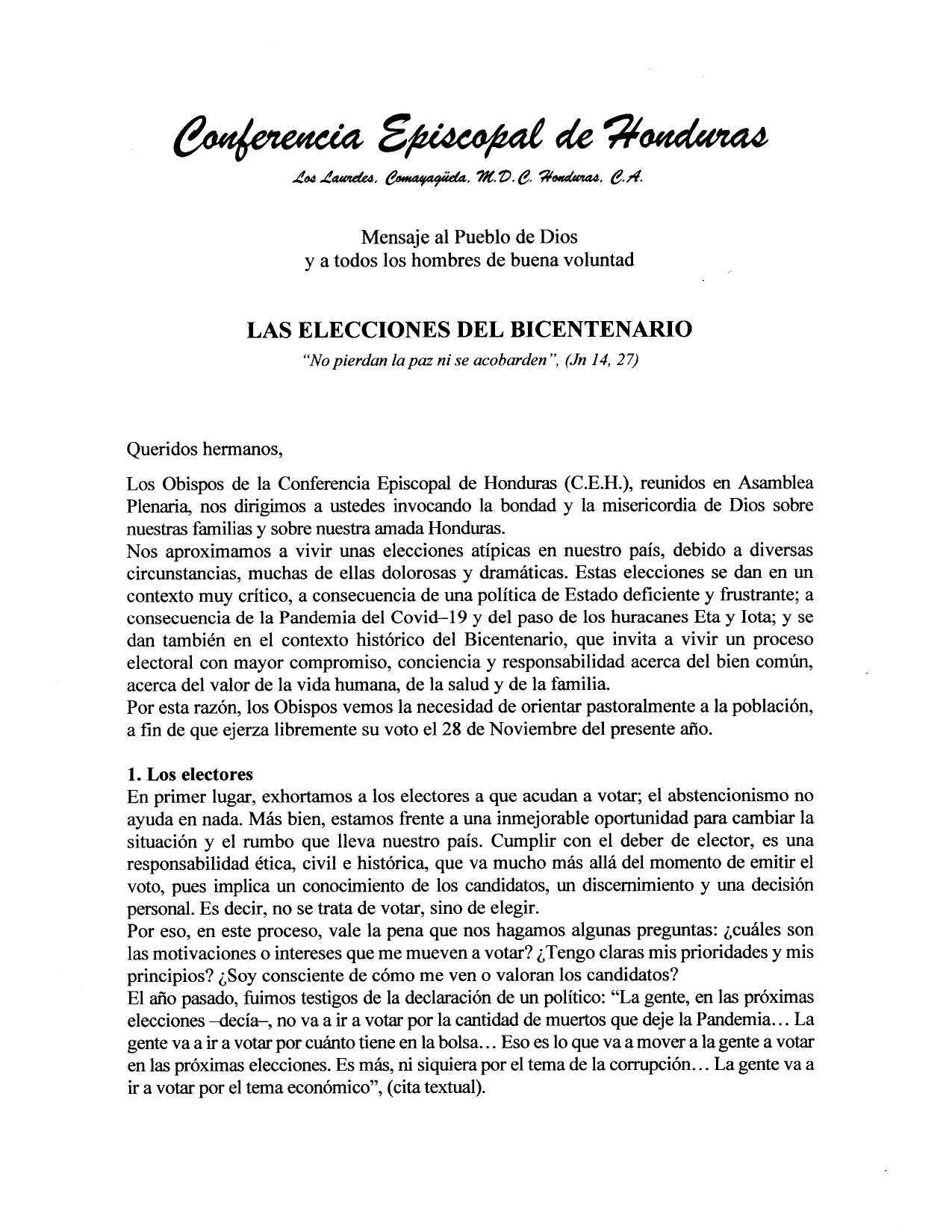 Conferencia Episcopal clama a hondureños no vender su voto ni su dignidad en las elecciones de noviembre