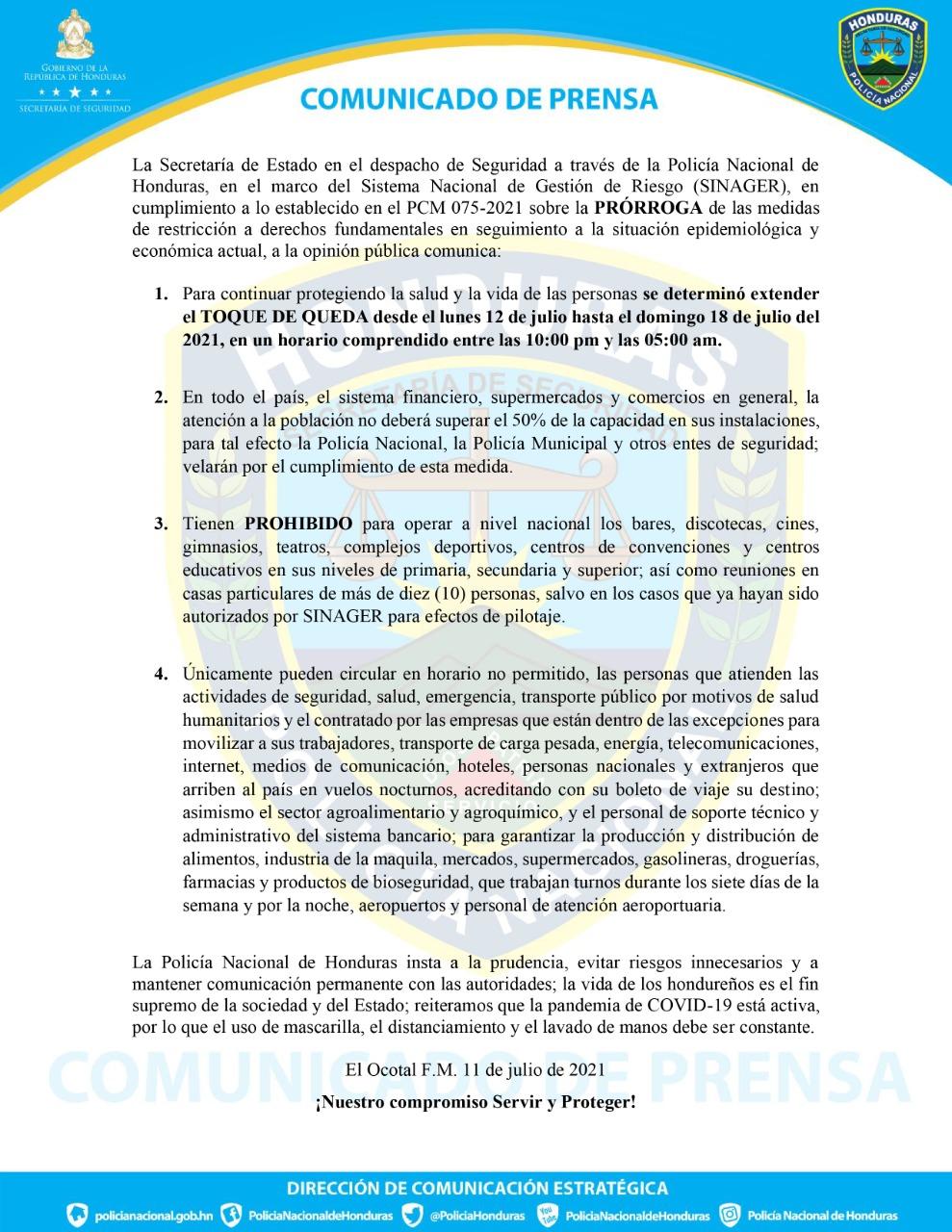 Honduras amplia toque de queda ante aumento de casos covid-19