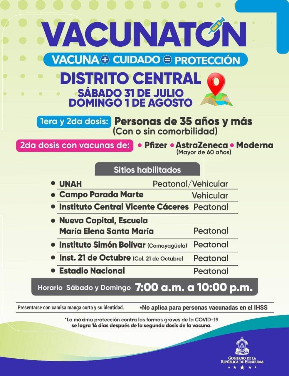 ¡Toma nota! Hondureños de estas edades serán prioridad en el Vacunatón del fin de semana en el Distrito Central