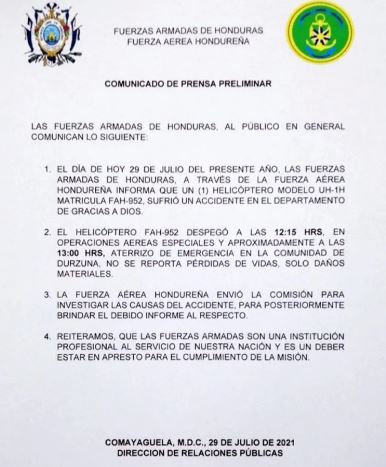 Tres miembros de las Fuerzas Armadas de Honduras se salvan de morir tras accidentarse el helicóptero donde se conducían