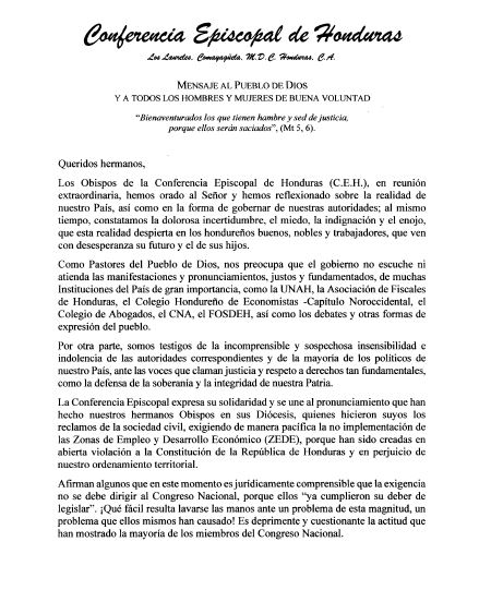 Conferencia Episcopal de Honduras se declara en contra de las ZEDE y envía duro mensaje a diputados