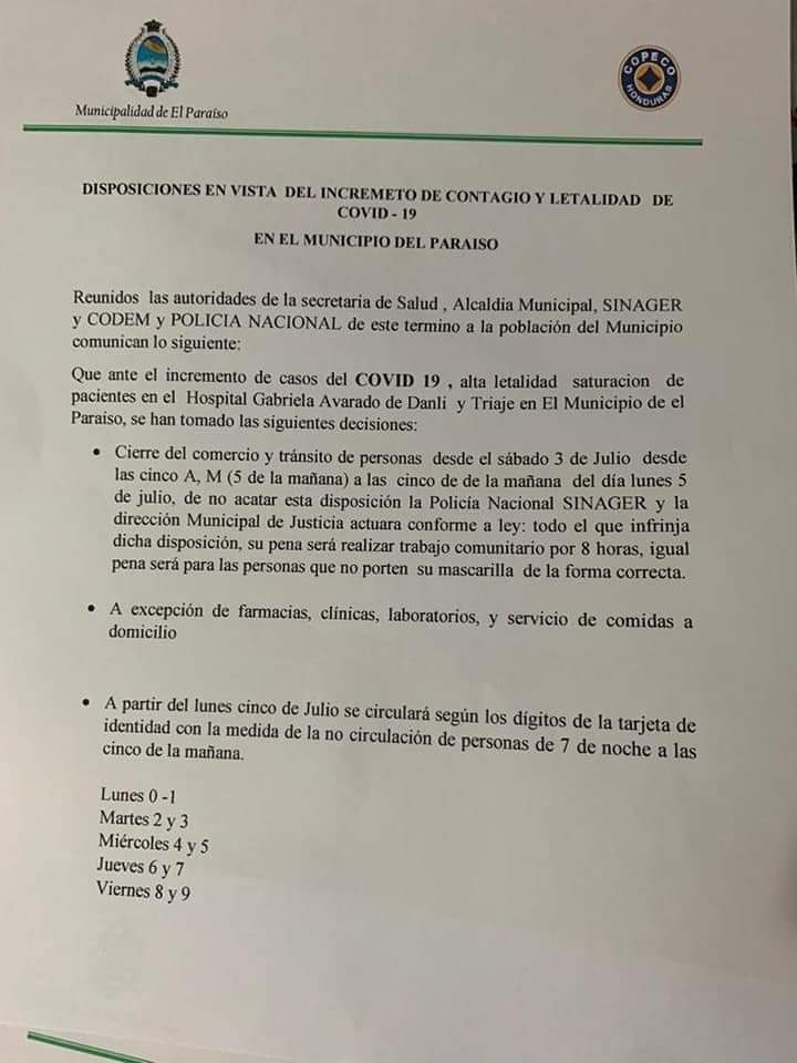 Este es el calendario de circulación por dígito para El Paraíso