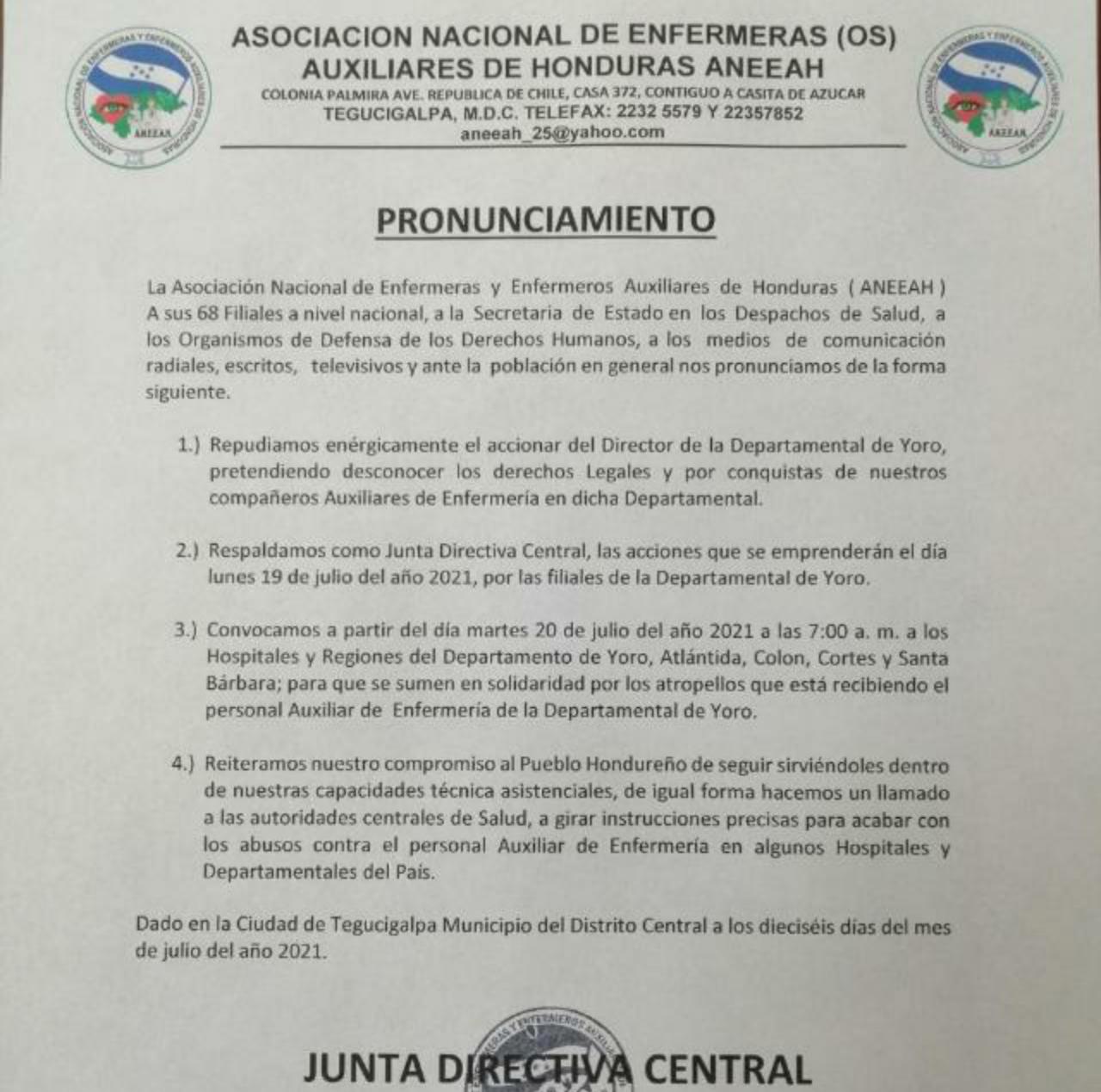 Enfermera y enfermeros auxiliares anuncian paro de labores a partir de la próxima semana en estos cinco departamentos de Honduras