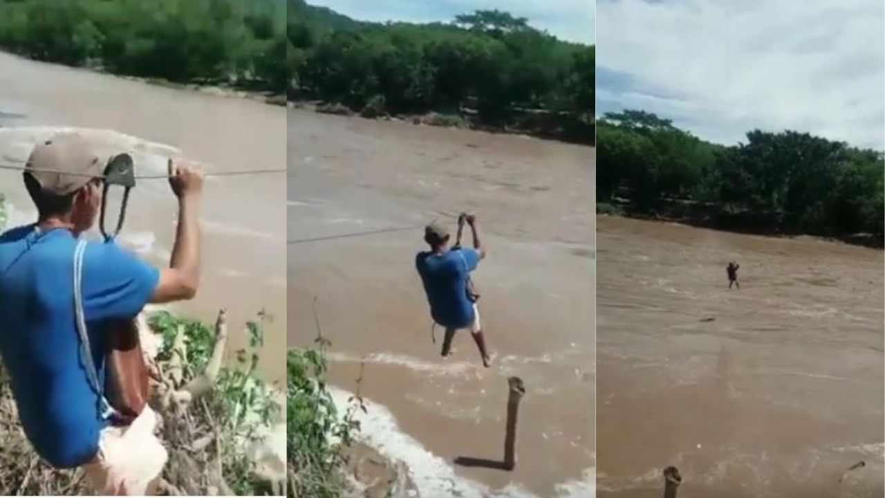 ¡Mira el video! Hondureños arriesgan su vida para cruzar un río en Santa Bárbara en un 'canopy' improvisado
