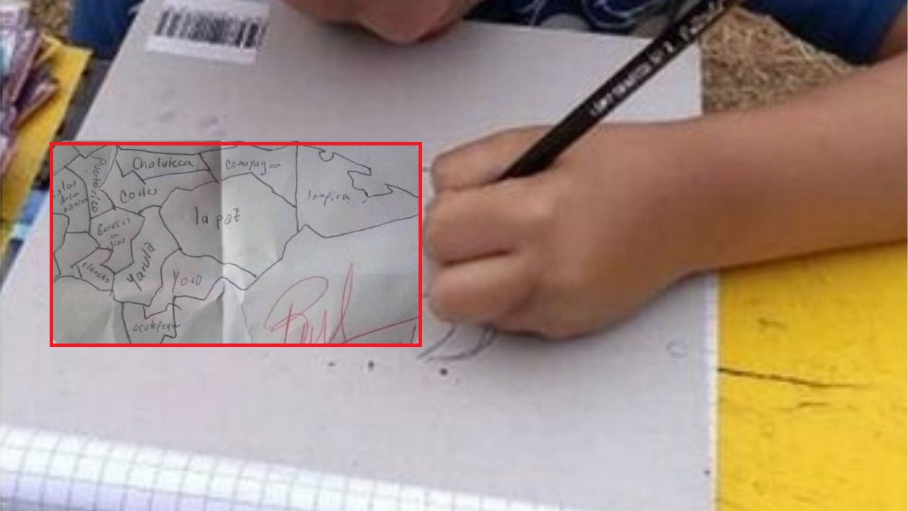 El viral examen de un niño sobre el mapa de Honduras en el que obtuvo calificación perfecta, pese a los 'horrores'