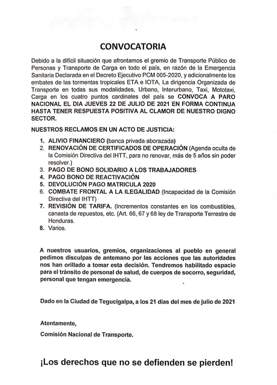 Transportistas hondureños anuncian paro de labores a nivel nacional este jueves