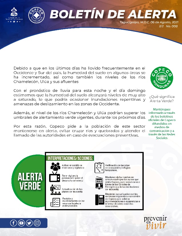 Decretan alerta verde para el Valle de Sula y para estos departamentos del occidente de Honduras