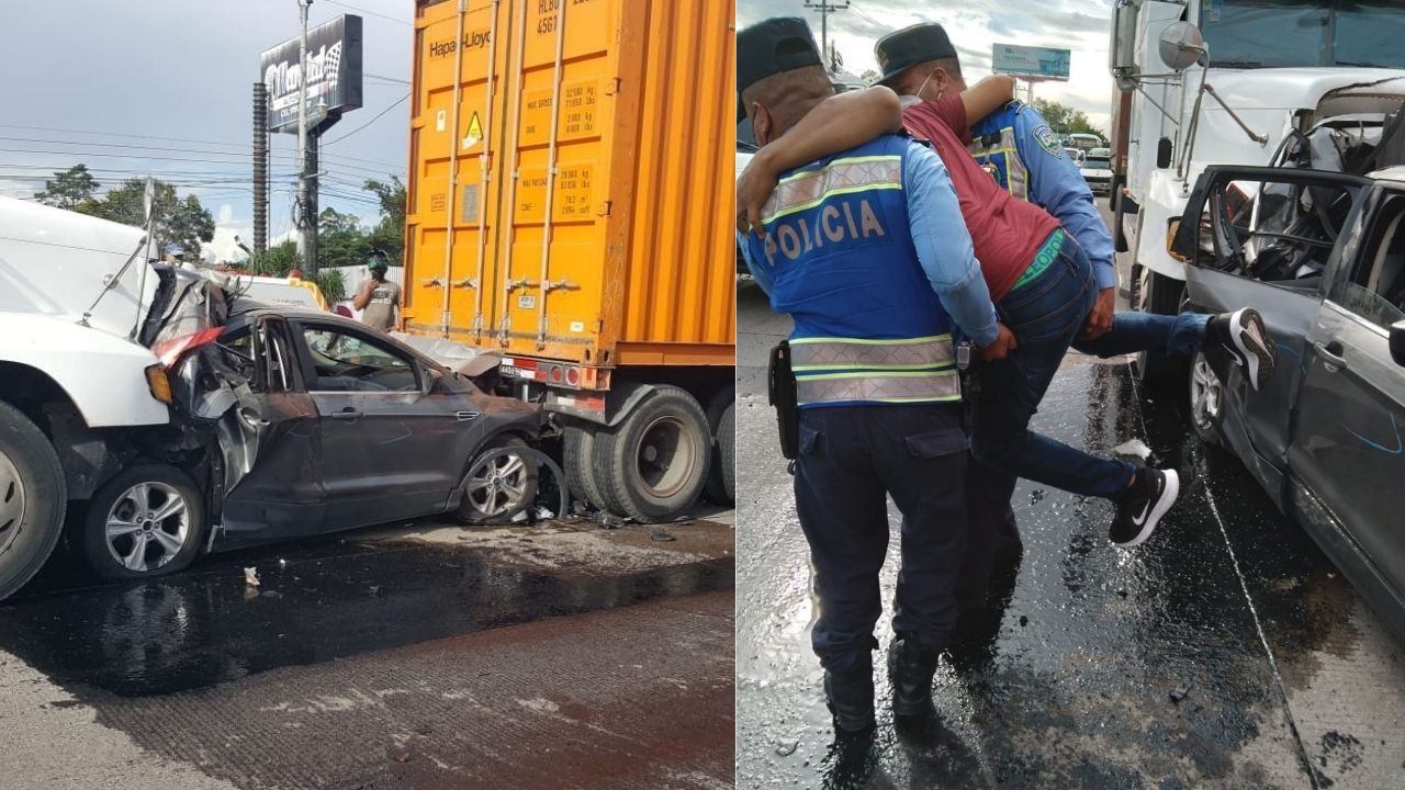 ¡Milagro! Vehículo quedó entre dos rastras y su conductor solo resultó con una lesión leve en su rostro