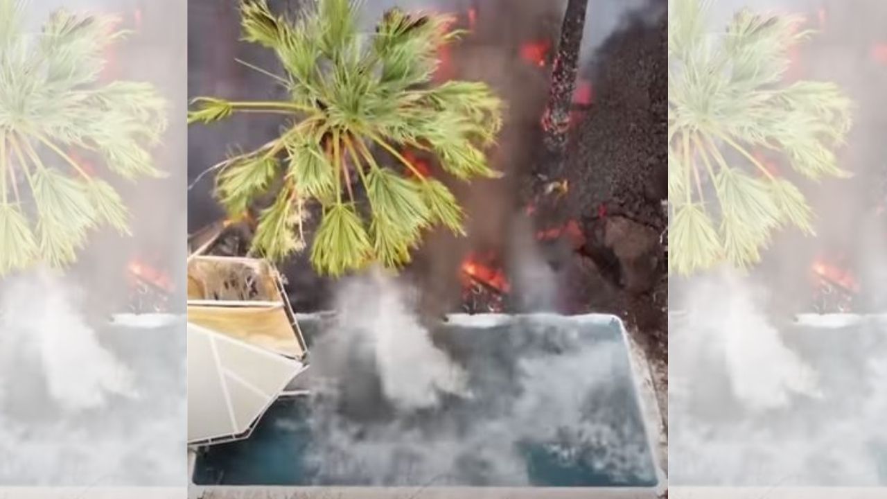 Impresionante vídeo muestra cómo lava se vierte en una piscina y hace hervir el agua