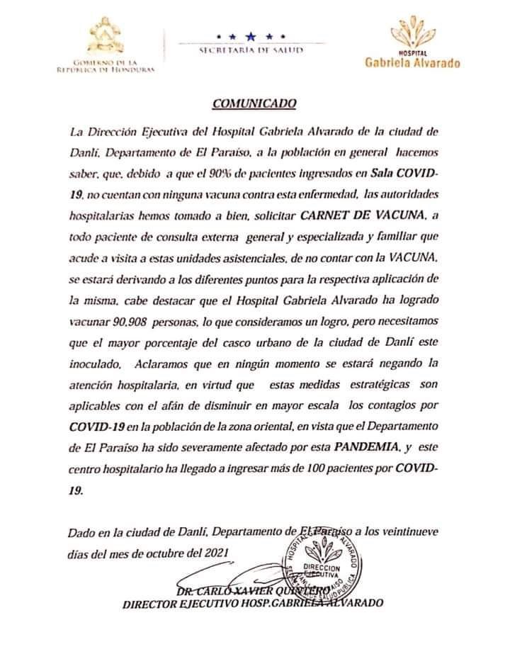 Hospital de Danlí exigirá carnet de vacuna anticovid para atender a sus pacientes