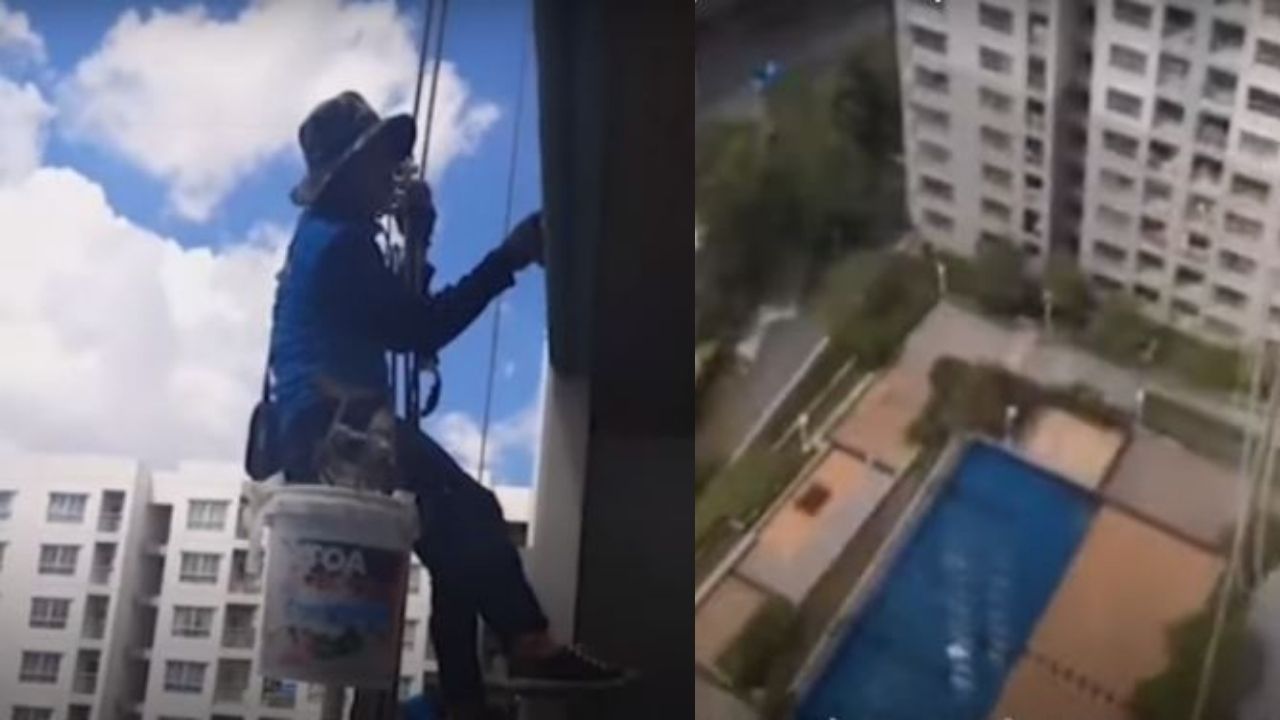 ¡Se salvaron de milagro! Mujer corta cuerda de seguridad de dos pintores en un edificio