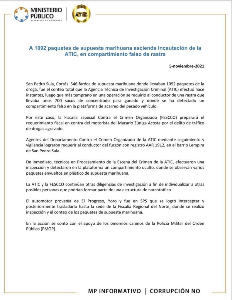 Boletín Ministerio Público sobre incautación de supuesta droga