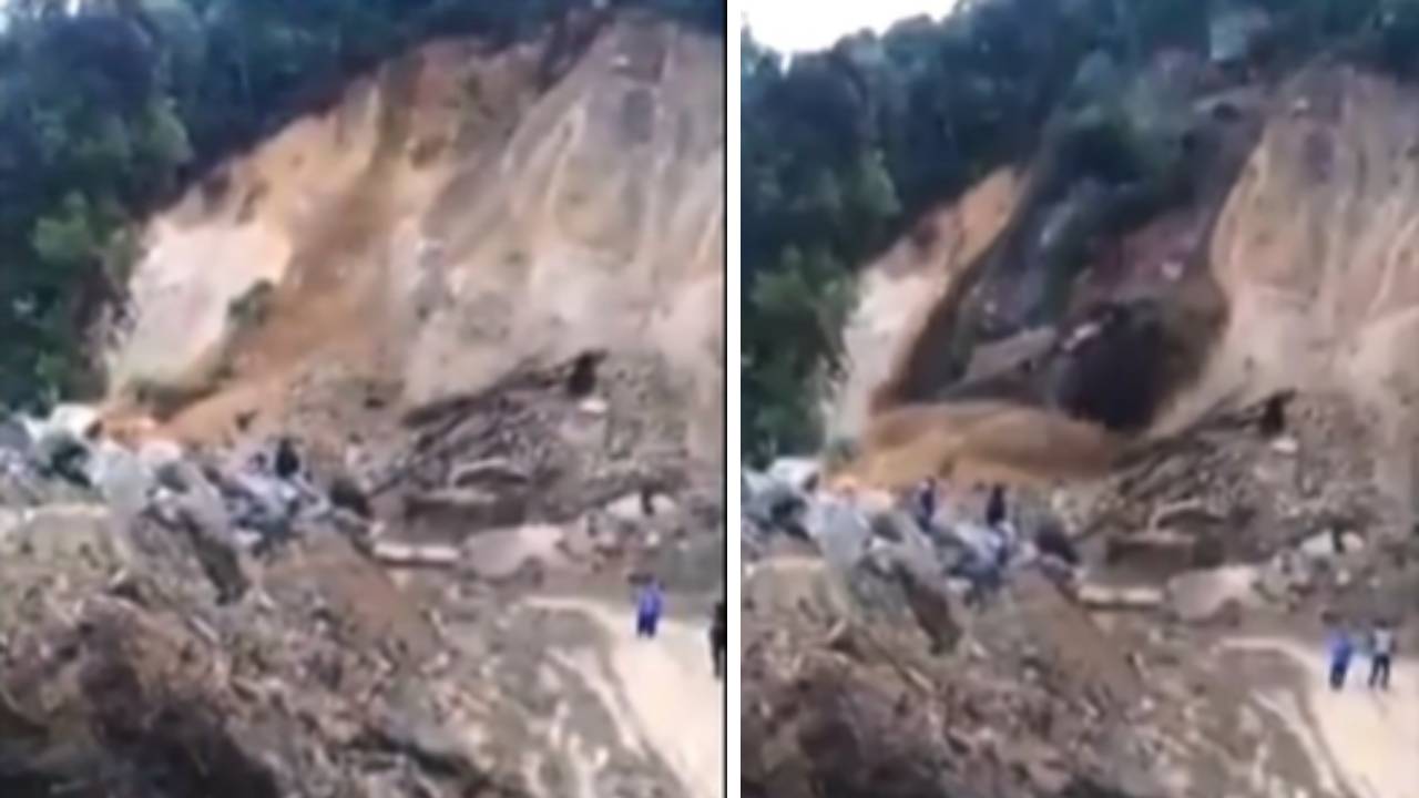 ¡Impactante! Graban momento de derrumbe de un cerro sobre una calle en México