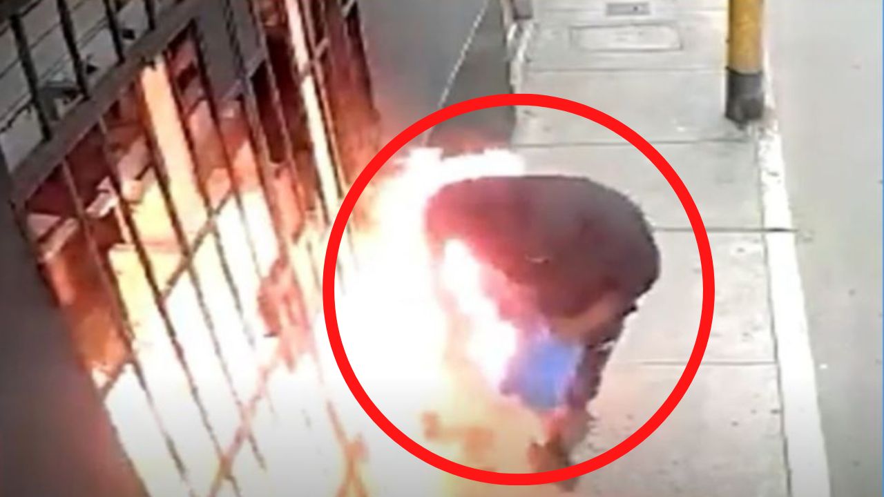 Video capta a extorsionador casi prenderse en fuego al intentar quemar negocio