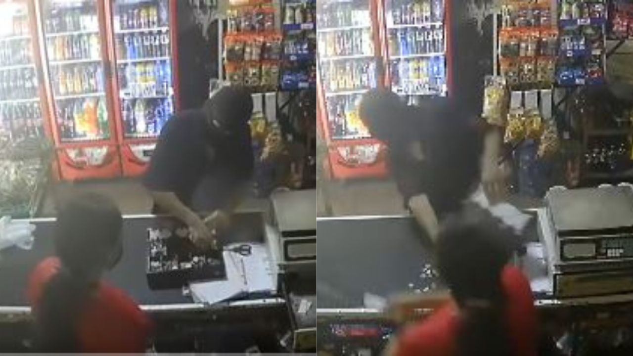 Mujer frustra asalto a su tienda de abarrotes golpeando al ladrón con un cuchillo