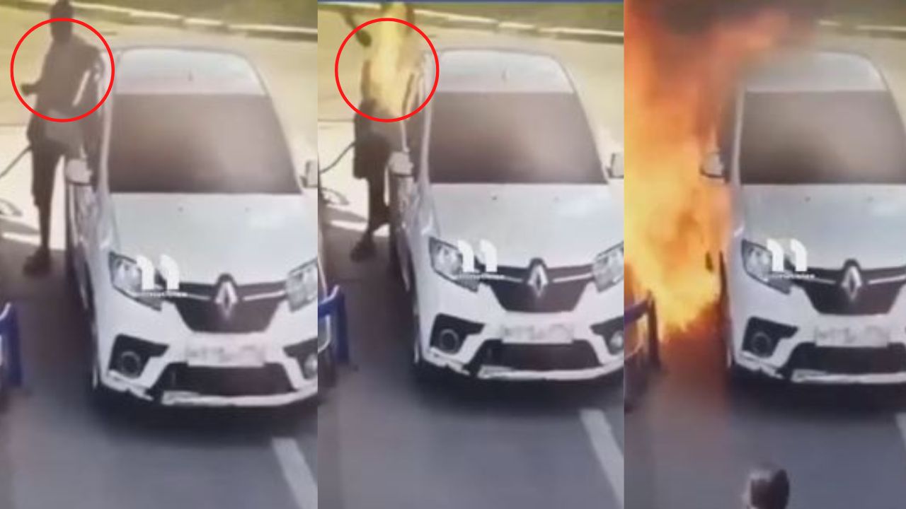 Captan momento cuando hombre prende cigarro mientras cargaba gasolina y casi muere quemado