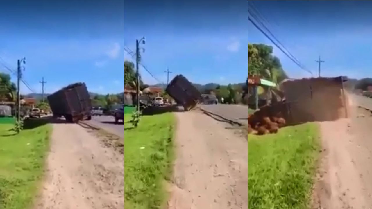 ¡Impactante vídeo! Rastra se dio vuelta en la carretera CA-13 hacia Tela
