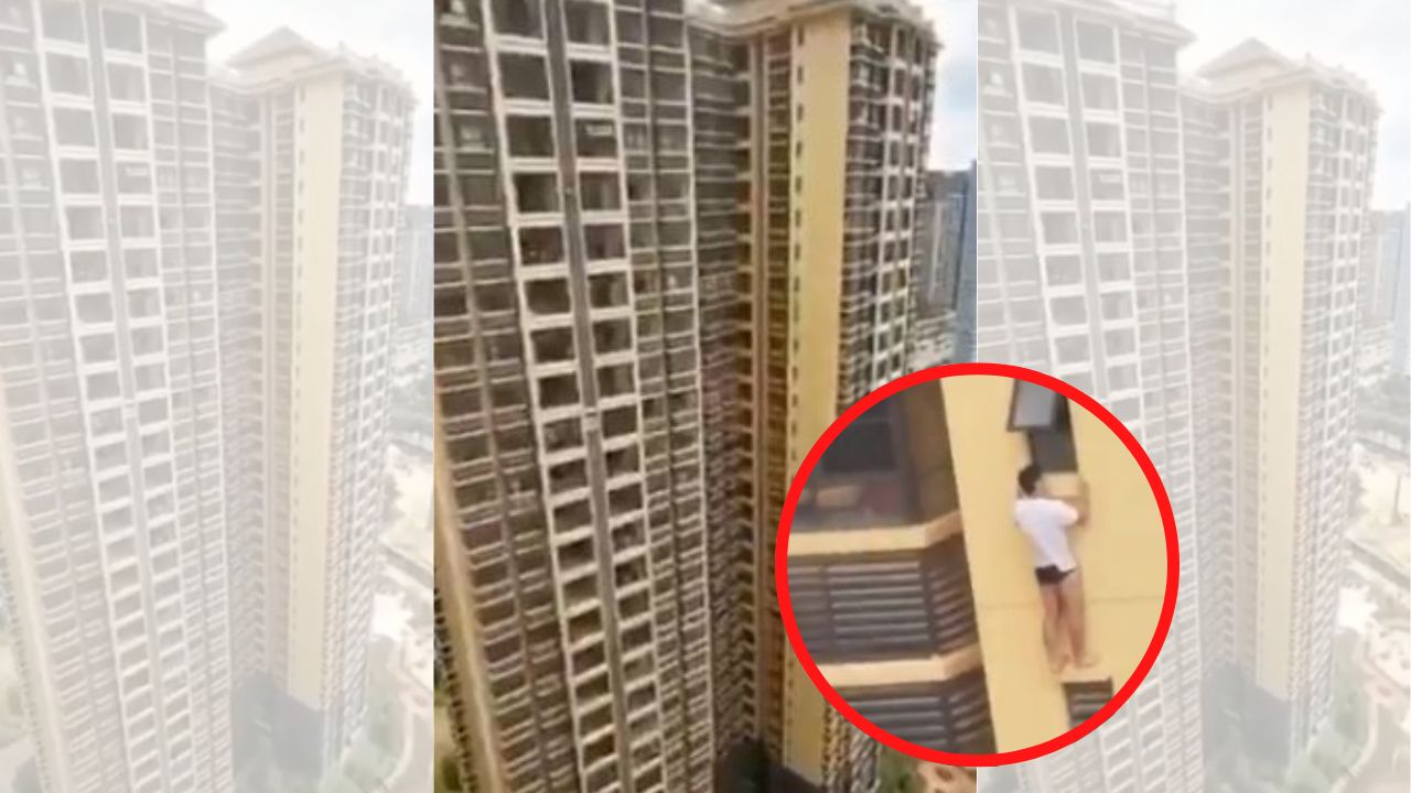 Video: De sorpresa llegó su esposo y el amante se colgó del piso 20 de un edificio