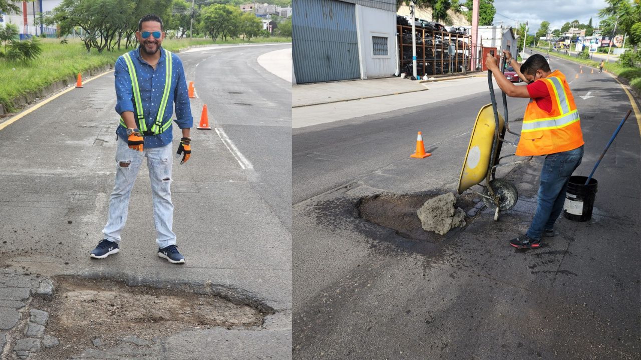 ¡De manera gratuita! Ingeniero y colaboradores sigue tapando enormes baches en Tegucigalpa