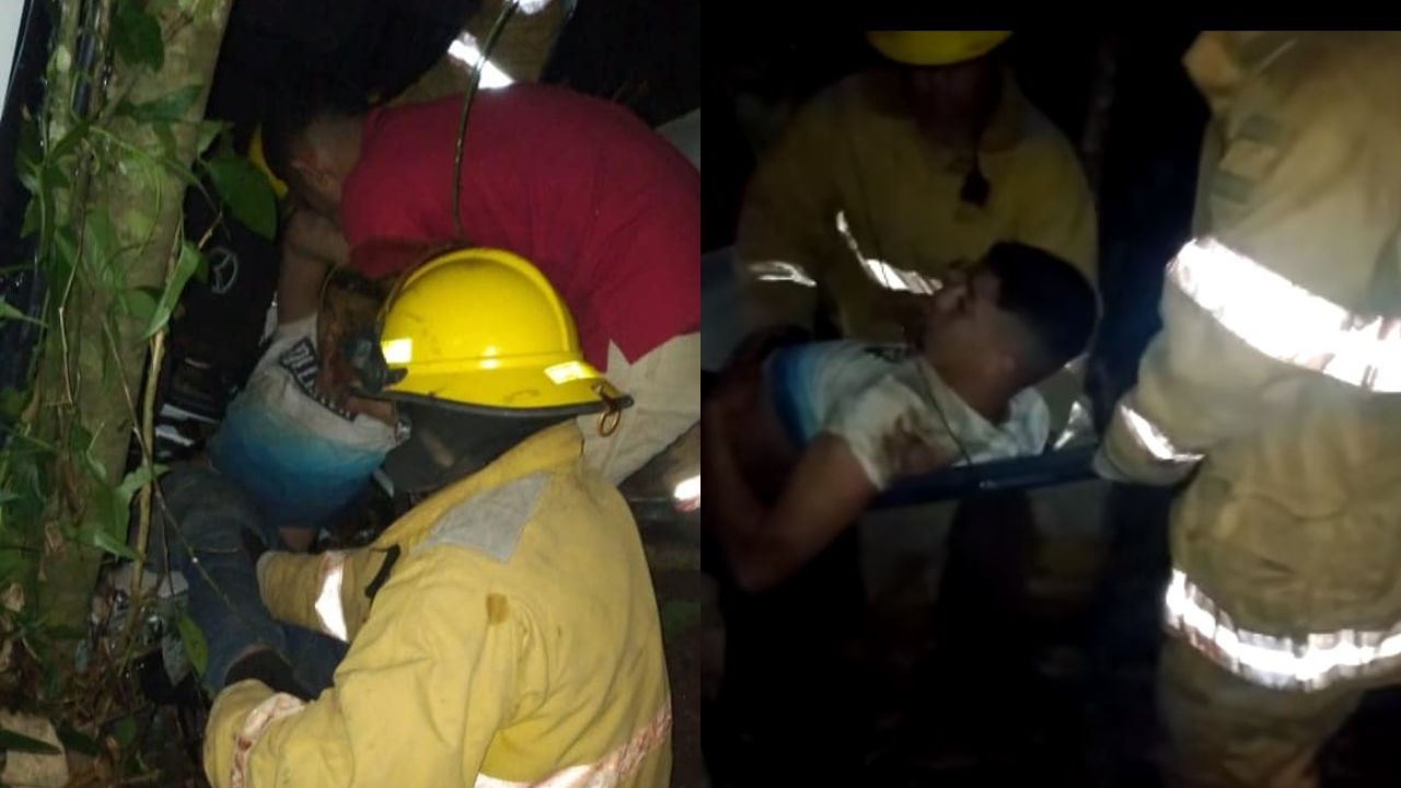 Dramático rescate a un hondureño atrapado en su vehículo tras volcamiento en Olancho