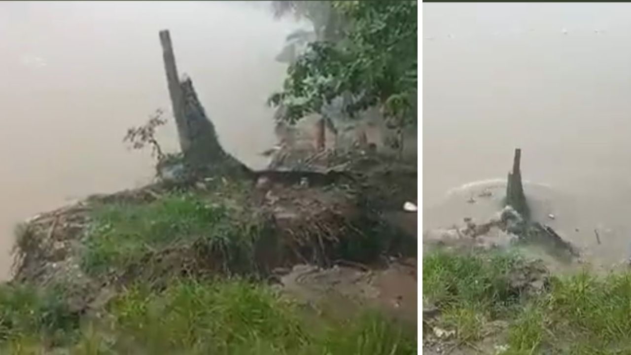 ¡Aterrador! Momento exacto en el que el río Chamelecón se lleva parte de bordo en Baracoa, Puerto Cortés