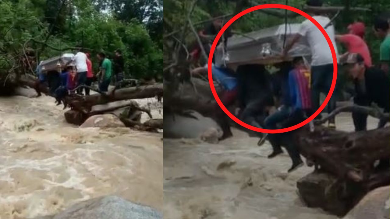 ¡Intrépidos!  Video muestra cómo al menos 10 hombres cruzan embravecido río con ataúd en hombros