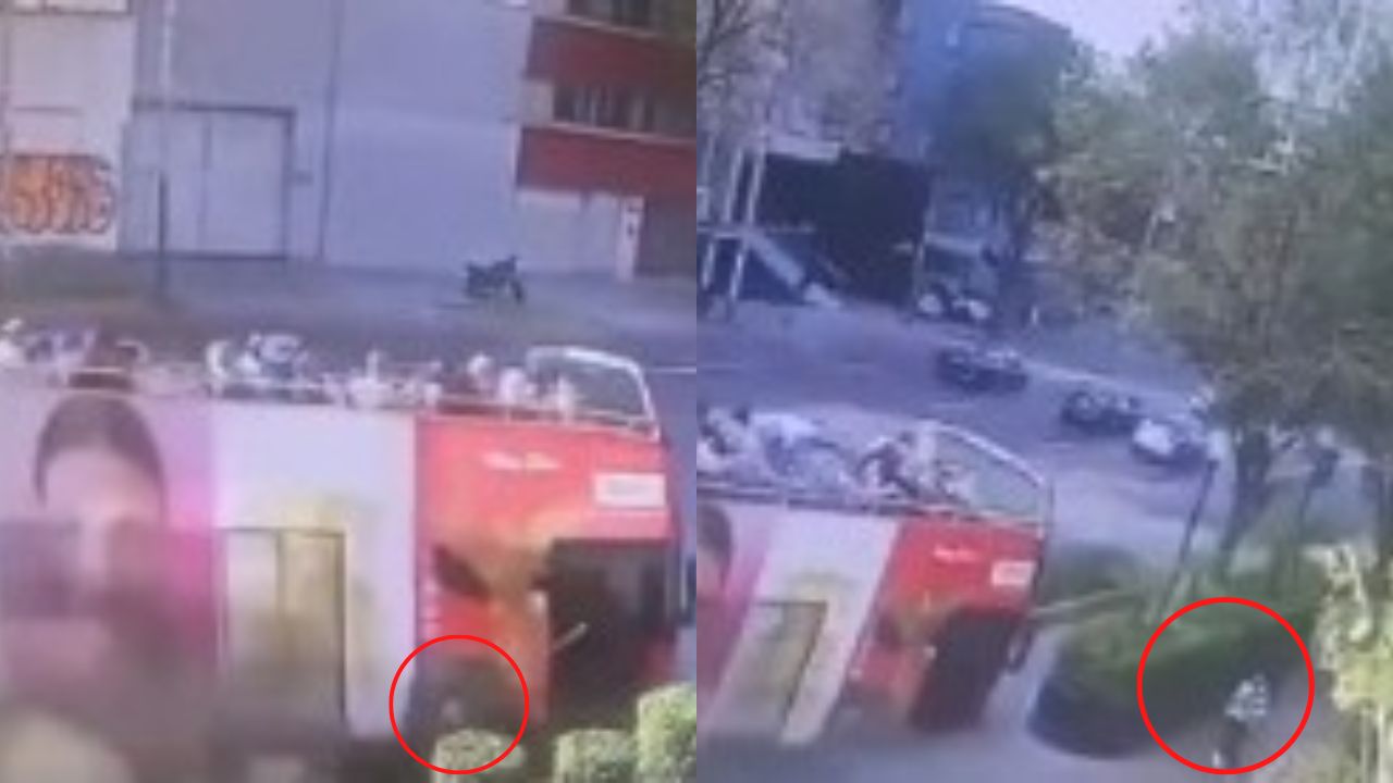¡Tremendo susto! Autobús turístico se accidenta y una transeúnte se salva de morir en México (vídeo)