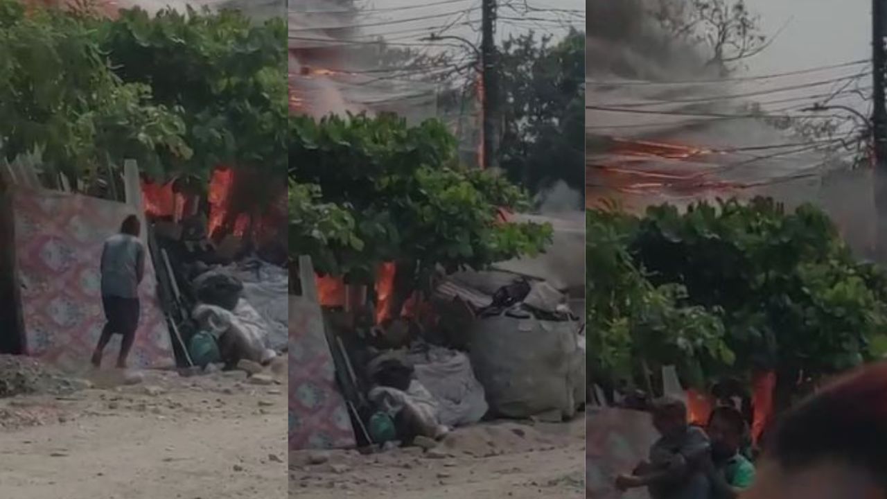 Impactante vídeo de hondureña apagando con tierra las llamas que devoran su vivienda