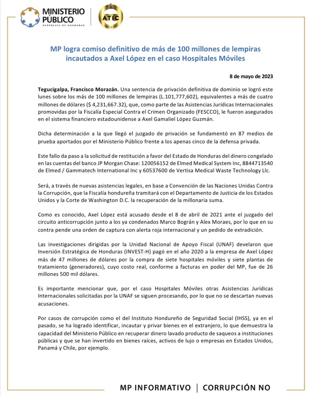 MP logra confiscación de L100 millones a Axel López por caso de hospitales móviles