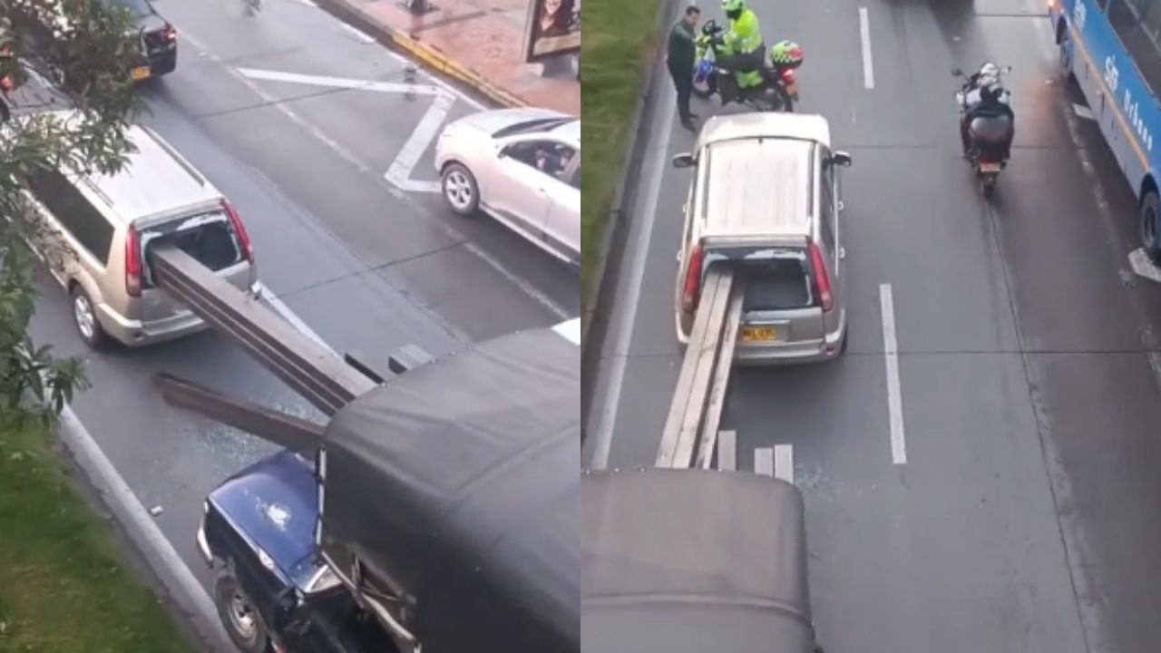 VÍDEO: Exceso de carga de madera en un camión cae y atraviesa una camioneta