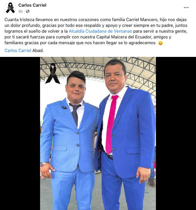 Carlos Carriel Abad expresó su dolor en su cuenta de Facebook. Foto: Redes sociales